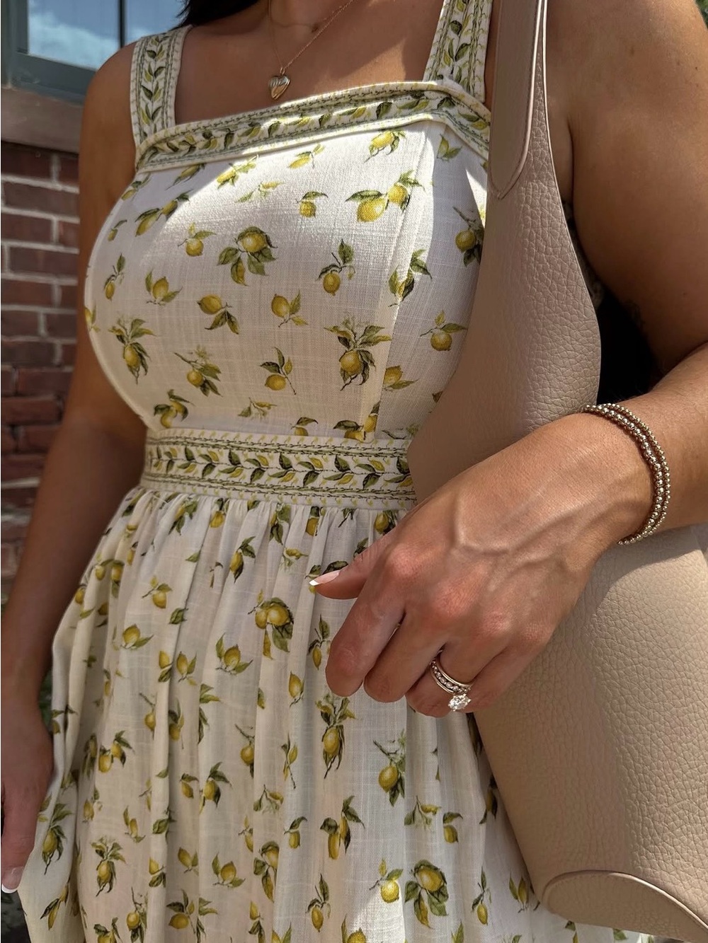 MAX STUDIO Print Fit & Flare Maxi Dress In Natural Lemon Harvest NEW
